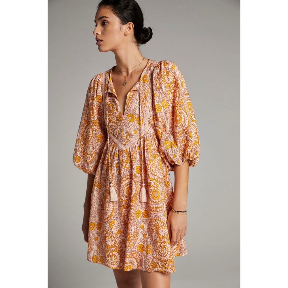 NWT Anthropologie Agathe Lace Mini Dress 1X Pink Paisley Boho Cottage Festival‎